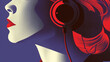 Retro close-up illustration of a portrait of a girl or young woman listening to music or a podcast or radio with headphones