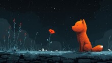 A Red Fox Sitting On Top Of A Grass Covered Field Under A Sky Filled With Stars And A Red Flower.