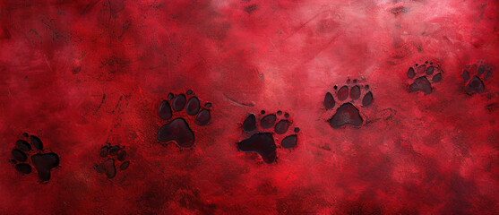 Wall Mural - a painting of a dog's paw prints on a red, black, and white background with a black border.