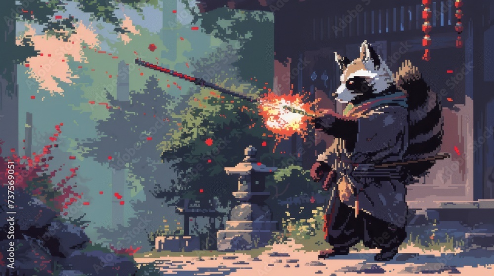 A fierce raccoon warrior brandishes a stick in a pixelated world, ready ...
