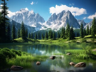 Amidst the untamed beauty of the alpine wilderness, a glacial lake glistens like a jewel in the midst of towering trees and rugged mountains