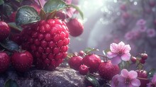 A Bunch Of Raspberries Sitting On Top Of A Rock Next To A Bunch Of Pink Flowers And Leaves.