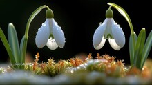 A Couple Of White Flowers Sitting On Top Of A Patch Of Snow Covered Grass With Drops Of Water On Them.