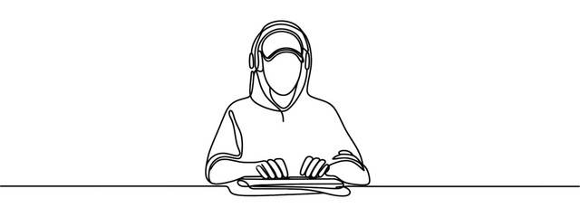 Man learning or working online. One line art. A developer programming. The coder at remote work from home. Online work and education concept. Vector illustration.