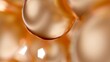 Liquid golden oil bubbles macro close up. Abstract cosmetic 3D illustration background of fluid circles. Beauty care concept of decorative antioxidant peptide soap spheres in light water background