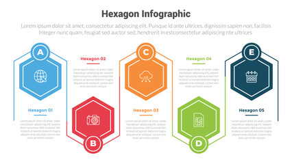 hexagon or hexagonal honeycombs shape infographics template diagram with creative horizontal timeline up and down with 5 point step creative design for slide presentation