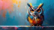 A Painting Of An Owl Sitting On A Ledge In Front Of A Painting Of An Orange, Yellow And Blue Owl.