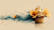 A Cupcake With Frosting And Sunflowers On Top Of It With A Splash Of Paint On The Side Of The Cupcake.