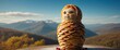 Russian doll made of pancakes with berries on the background of mountains, matryoshka doll, Coppy space, Bannrer, poster for pancake restaurant, children's room, postcards, pancake day.