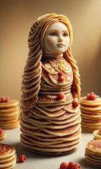 Russian doll made of pancakes with berries, matryoshka doll, Banner, poster for pancake restaurant, children's room, postcards, pancake day.