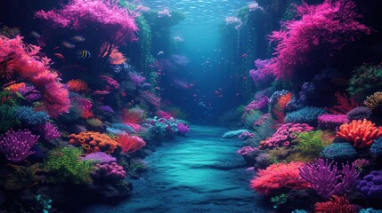 Wall Mural - an underwater scene of a coral reef with a stream of water running through the center of the coral reef and a fish swimming in the middle of the water.