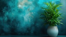 A Potted Plant Sitting In Front Of A Blue And Green Wall With Clouds Painted On The Wall Behind It.