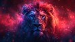 © Shanti - a close up of a lion's face in front of a red and blue background with a lot of stars.
