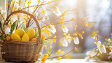 Fototapeta Tęcza - Wiosenne jasne tło na życzenia Wielkanocne. Alleluja - Wesołych świąt Wielkiej Nocy. Jajka, kwiaty i inne wiosenne dekoracje.
