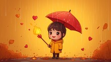 A Girl In A Yellow Raincoat Holding A Red Umbrella Over Her Head While Standing In The Rain With A Fire In Her Hand.
