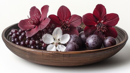 Poster - a bowl of grapes, plums, and flowers in a bowl with white and red flowers in the center.