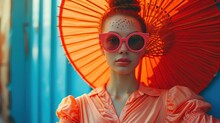 A Woman Wearing Pink Sunglasses And Holding An Orange Parasol In Front Of A Blue Wall With A Blue Wall Behind Her.