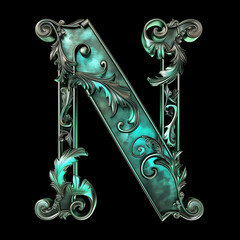 Wall Mural -  Letter N detailed Art Nouveau sculpture icon on black background