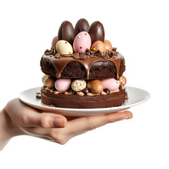 Wall Mural - Easter joy with a woman’s hand holding an easter egg cake, Isolated on Transparent Background, PNG