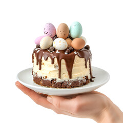 Wall Mural - Easter eggs forming a cake in a woman’s hand for a happy easter, Isolated on Transparent Background, PNG