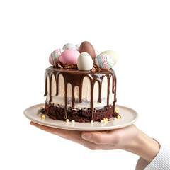 Wall Mural - A happy easter scene with a woman’s hand holding a cake made of easter eggs, Isolated on Transparent Background, PNG