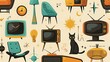 The generated image showcases a collection of stylized illustrations that are infused with a 1950s retro design aesthetic. The scene includes iconic mid-century modern furniture, such as chairs with o