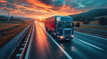 Semi Truck In Motion. Speeding Truck on the Highway. Trucking Business Concept. Electric concept truck. Ai generative