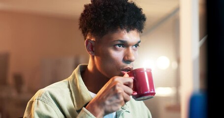 Poster - Man, thinking and coffee for online office with reading and espresso for problem solving in information technology. Software developer, idea and relax with tea by computer and programming at night