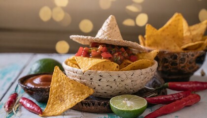 Wall Mural - Chili with nachos on the table. 