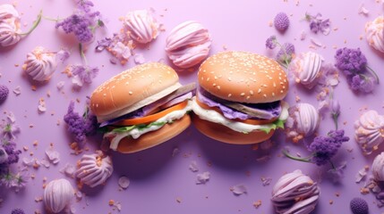 Wall Mural - Lilac Background with hamburgers