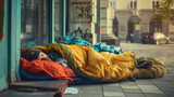 Fototapeta  - Homeless people sleeping in sleeping bag and cardboard in a street, concept of financial crisis, unemployment, lose job, vulnerable groups.