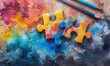 © VictoriaEmerson - background with colored puzzles in autism day concept