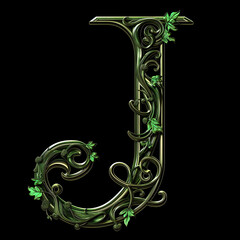 Wall Mural -  Letter J detailed Art Nouveau sculpture icon on black background