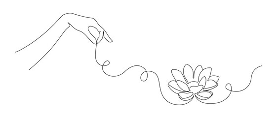 Wall Mural - One continuous line drawing of lotus flower with hand. Minimalistic web banner and logo for wellness spa salon in simple linear style. Yoga studio in editable stroke. Doodle vector illustration