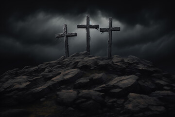 three crosses on the hill where Jesus Christ was crucified, dark postcard for Easter, generative AI