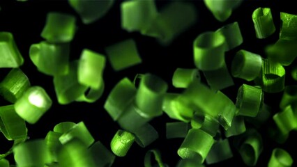 Wall Mural - Sliced green onions fly up and fall down. Filmed on a high-speed camera at 1000 fps. High quality FullHD footage