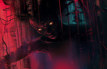 Wall Mural - a comic book illustration of a cyberpunk entity with glowing red eyes 