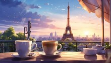 View Of A Cup Of Coffee In A Roadside Cafe With The Eiffel Tower In The Background, Cartoon Or Anime Watercolor Digital Painting Illustration Style. Seamless Looping 4k Video Animation Background.