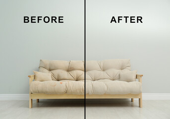 Poster - Sofa before and after dry-cleaning near grey wall indoors, collage