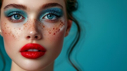 Wall Mural - Close-up, Pretty face of a beautiful woman with multi colors vivid makeup on minimal background