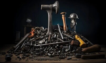 photo view of steel hammer with other construction elements and tools