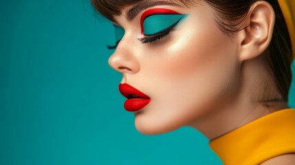 Wall Mural - Close-up, Pretty face of a beautiful woman with multi colors vivid makeup on minimal background