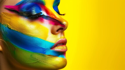 Wall Mural - Close-up, Pretty face of a beautiful woman with multi colors vivid makeup on minimal background