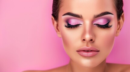 Wall Mural - Close-up, Pretty face of a beautiful woman with multi colors vivid makeup on minimal background