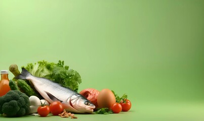 Wall Mural - world healthy day copy space close food vegetables fish, isolated green background copy space