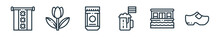Outline Set Of Holland Line Icons. Linear Vector Icons Such As Amsterdam, Tulip, Speculoos, Beer, Houseboat, Clogs. Vector Illustration.