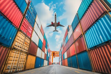 Wall Mural - Business logistics and transportation concept of containers cargo freight ship and cargo plane