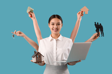 Sticker - Asian real estate agent holding laptop and hands with things on blue background