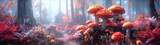 panorama of mushrooms on forest landscape background for web banner