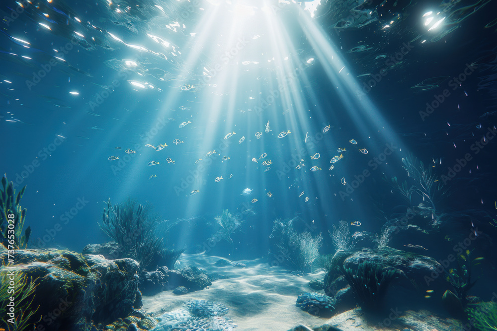 Sun rays with coral reef and fishes underwater view of the world Stock ...